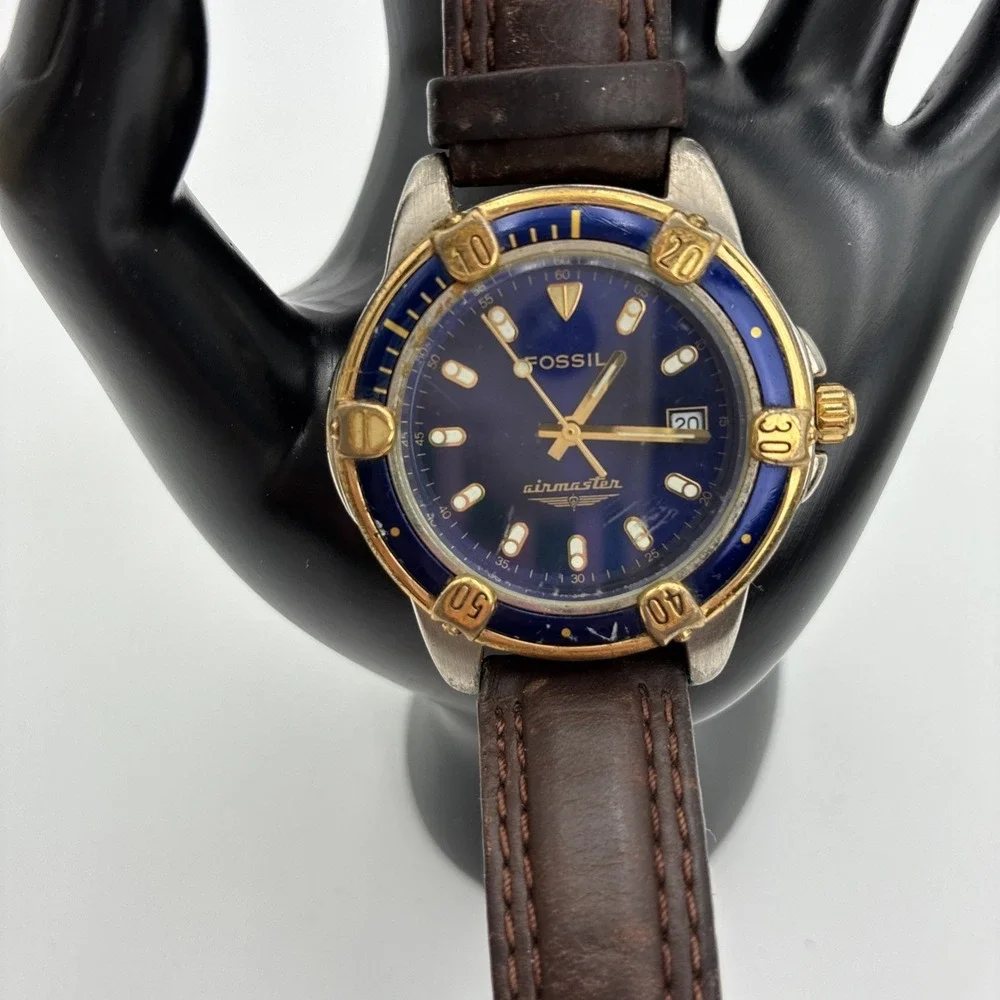 Fossil Airmaster AC-1635 Mens Watch Blue Dial Two Tone Gold Silver Brown Leather